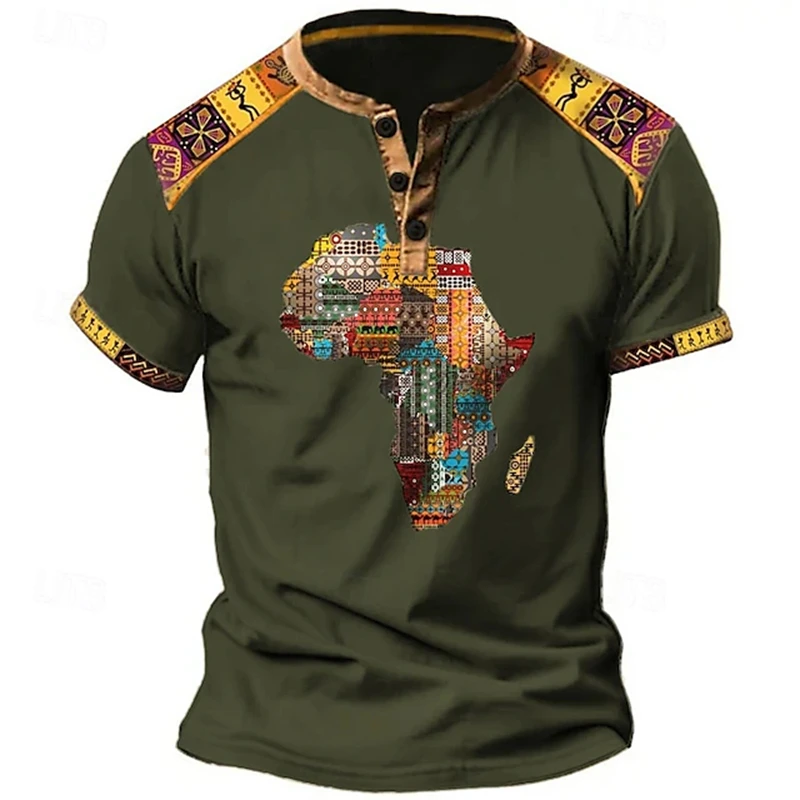 Ethnic-Style Men's Henry T-Shirt Short-Sleeve Casual Button-Down Shirt With African Continent Print And Patchwork Design