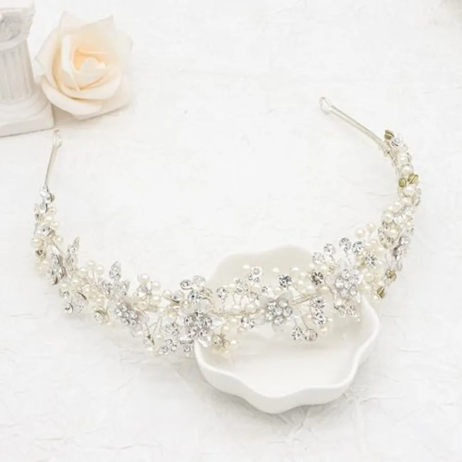 

Oriamour Wedding Headbands Bridal Pearl and Crystal Floral Hair Accessories Bridal Headpieces For Bride Women Party Prom,18