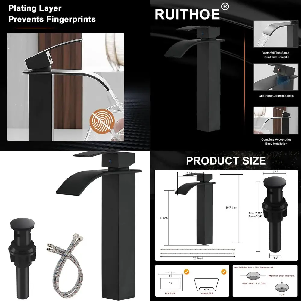 

Single Handle Matte Black Tall Deck Mount Bathroom Sink Faucet with Pop-up Drain