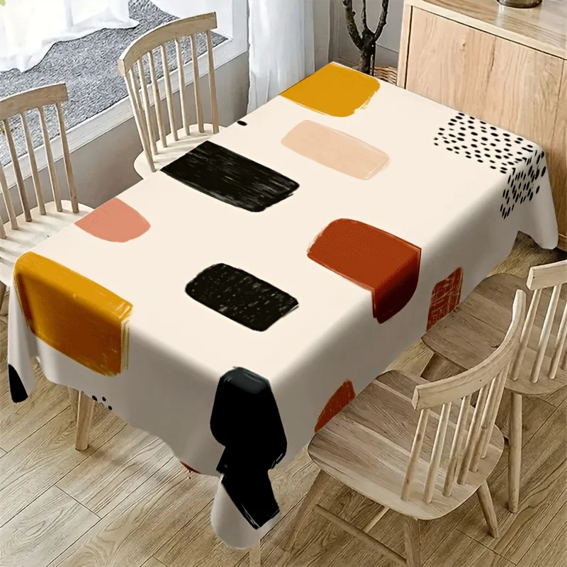 Brush Stroke Abstract Tablecloth, Cream Base With Color Block Print, Rectangular Table Cover for Modern Home Dining Table Decor