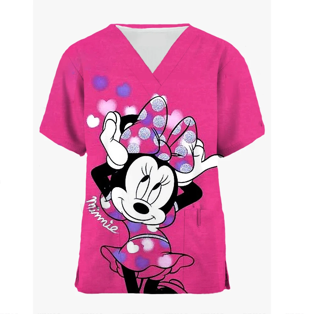 Disney tureMinnie Scrub-Uniforme médical à manches courtes et col en V pour femmes, uniforme d'infirmière de travail de dessin animé en Y, t-shirt, robe d'allaitement