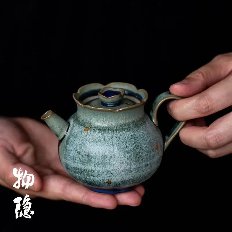 Wuyintang handmade Coarse Pottery Kiln Transformed Flower Shaped Pot Ceramic Green Glaze Ball Hole Filter Personal Play