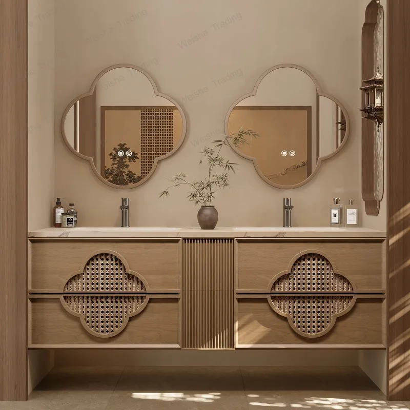

Aesthetic oak bathroom cabinet combination antique washstand plum blossom mirror sink washbasin cabinet