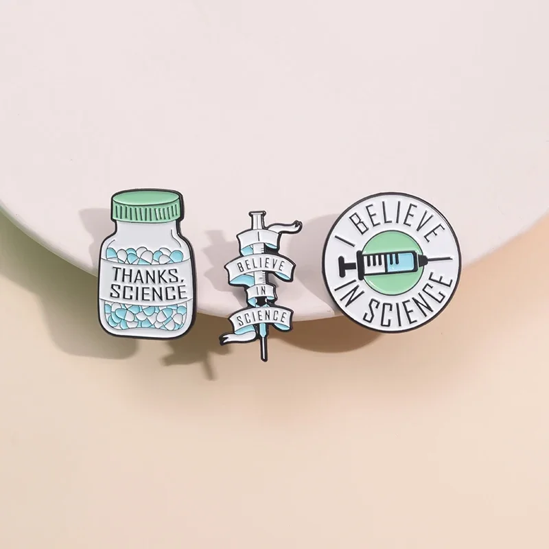 

3PCS/SET Syringe Pills Enamel Pins Custom I BELIEVE IN SCIENCE THANKS. SCIENCE Brooches Lapel Badges Jewelry Gift Wholesale