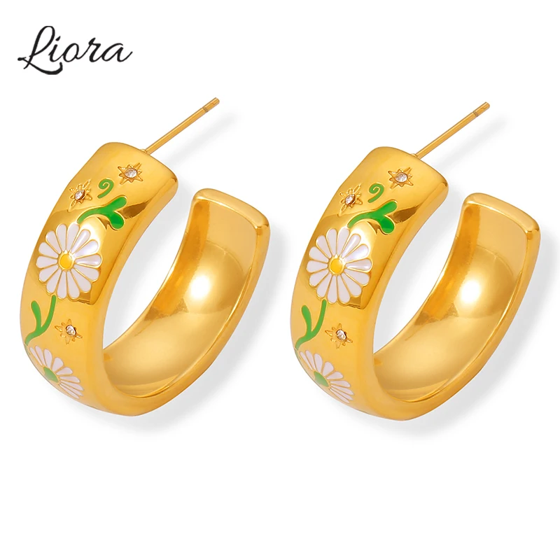 

Liora Fashion Stainless Steel Hoop Earrings For Women Enamel Daisy Flower Enamel C Shape Women Drop Earrings Gold Color Jewelry