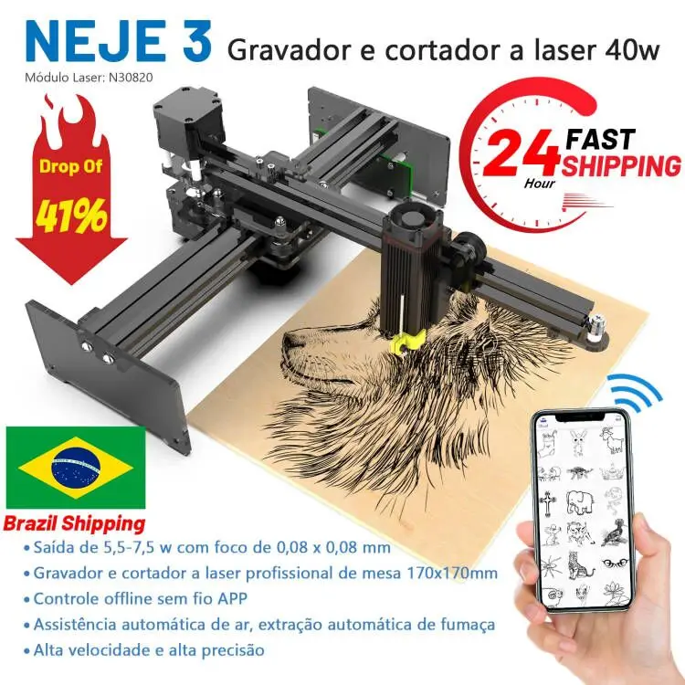 NEJE-Máquina cortadora de grabado láser, impresora de escritorio, enrutador CNC, Control por aplicación, versión mejorada, 3, 40W