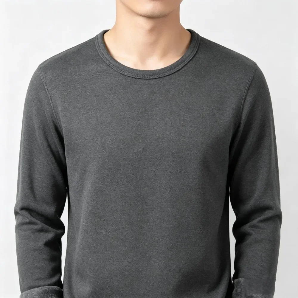 Winter Men's Long-sleeved Top T-shirt Thermal Underwer Fleece Bottoming Shirt Round Neck Shirt Plus Velvet Padded Warm T-Shirt image 6