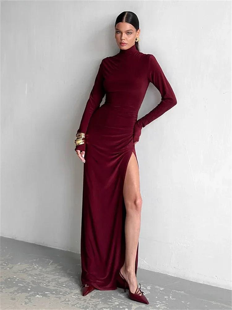 Casual Women Sexy High Split Long Sleeve Maxi Club Evening Party Dress Turtleneck Elegant New Fashion Bodycon Dress 2024