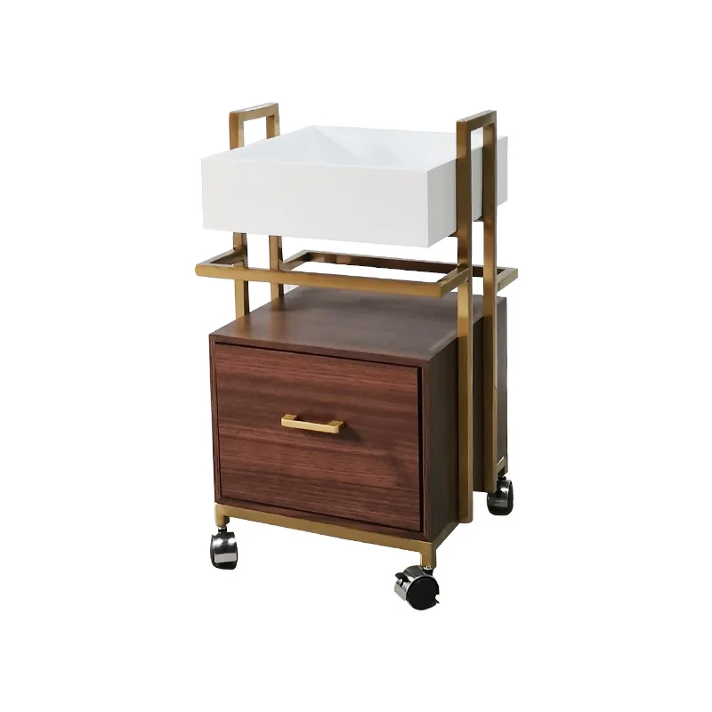 Modern Wood Barber Shop Salon Trolley Storage Rack with 4-Wheel Cart for Hair Styling Coloring Tools Haircut Supplies