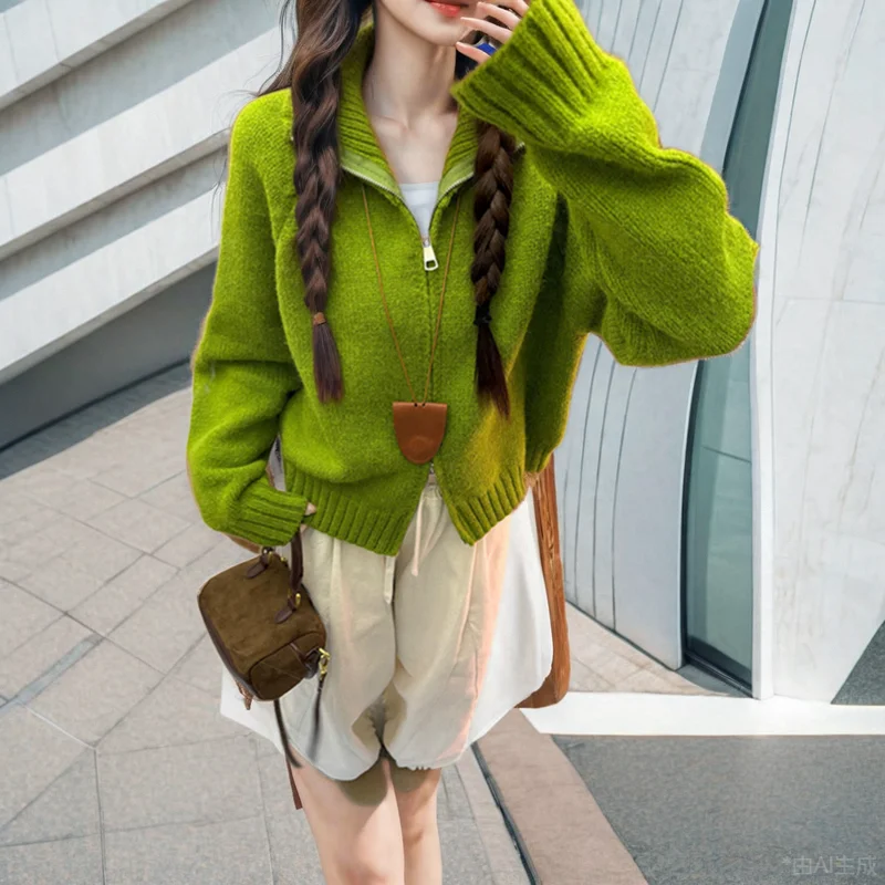 Cardigan maglione con cerniera verde da donna autunno inverno 2025 New Lady Daily Joker giacche in maglia moda maglieria cappotti Famale
