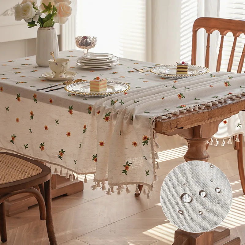 Cotton Linen Waterproof Dust Proof Pastoral Table Cloth Flower Embroidery Table Cover Coffe Tea Tablecloth INS Table Cover Decor