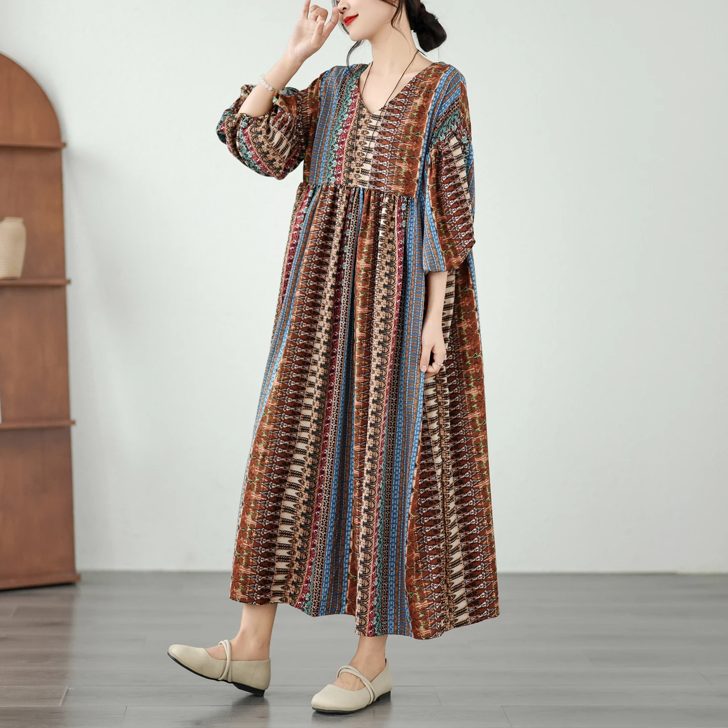 

Loose Long Lantern Sleeve Ethnic Style Dress Summer New Arrival Women's Casual High Waist A-Line Dress V-Neck Short Sleeve