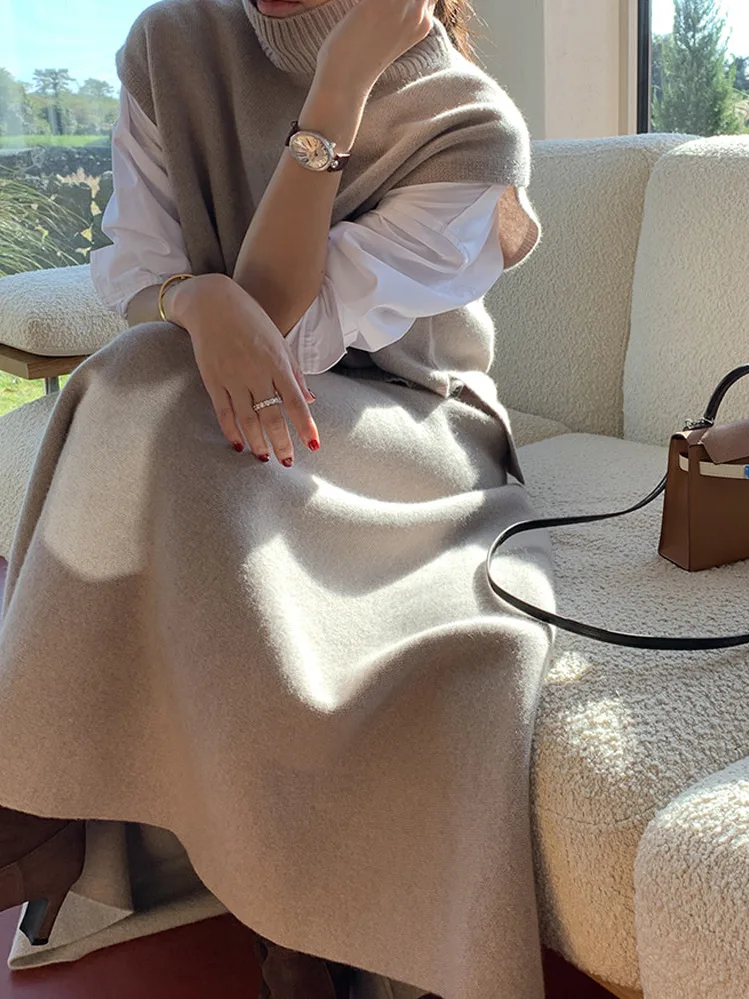 

Chic High Ne Asymmetrical Slit Sweater Vest High Waist Slim A-Line Skirt Women's Faion Winter Knitted Top Skirt Set