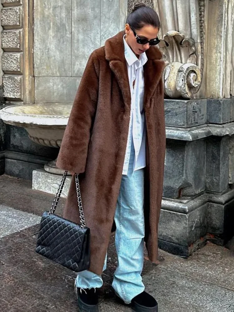 Tuularose Winter Thickened Fur Coat Fashion Vintage Brown Lapel Long Coats New Casual Commuter Warm Streetwear Women's Outerwear