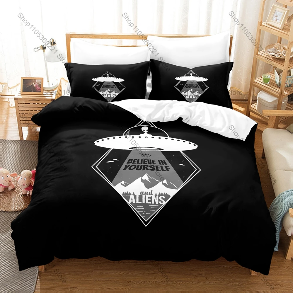 Muted Green Black Abstract Generic Simple Outer Space UFO Star Minimal Line Sketch Duvet Cover + 2 Pillowcases Neutral Galaxy