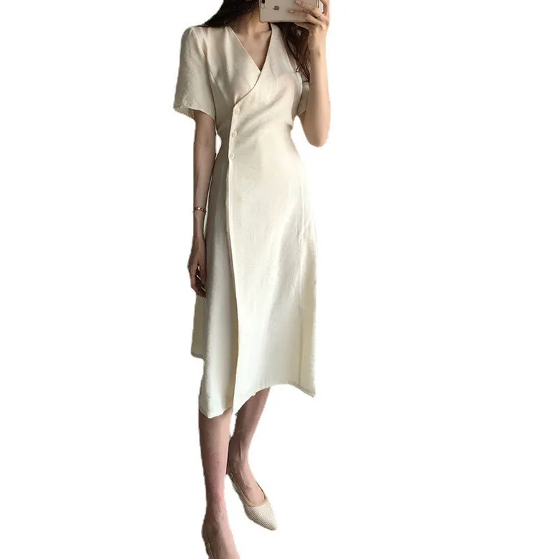 Summer New Cotton Linen Dress Retro Simple Fashiona V-neck Medium Length Waistband Side Three Button Short Sleeved Dress