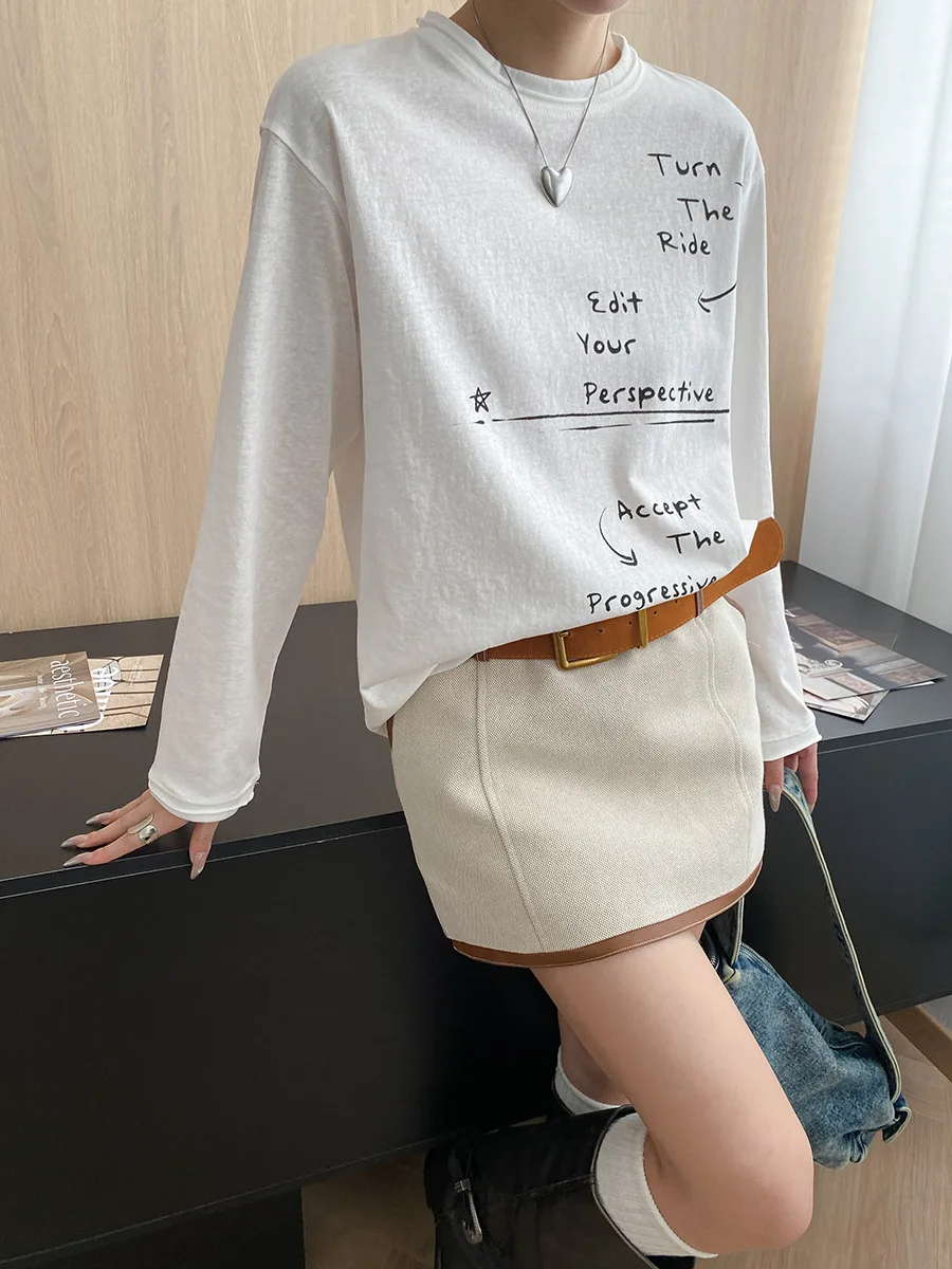 

Autumn and winter women's casual letter printed round neck long sleeved loose T-shirt