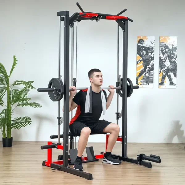 

Многофункциональная силовая стойка Smith Machine с турником, системой для тяги вниз, лэнд-мином, стойкой для приседаний, бар-баром, для домашнего спортзала