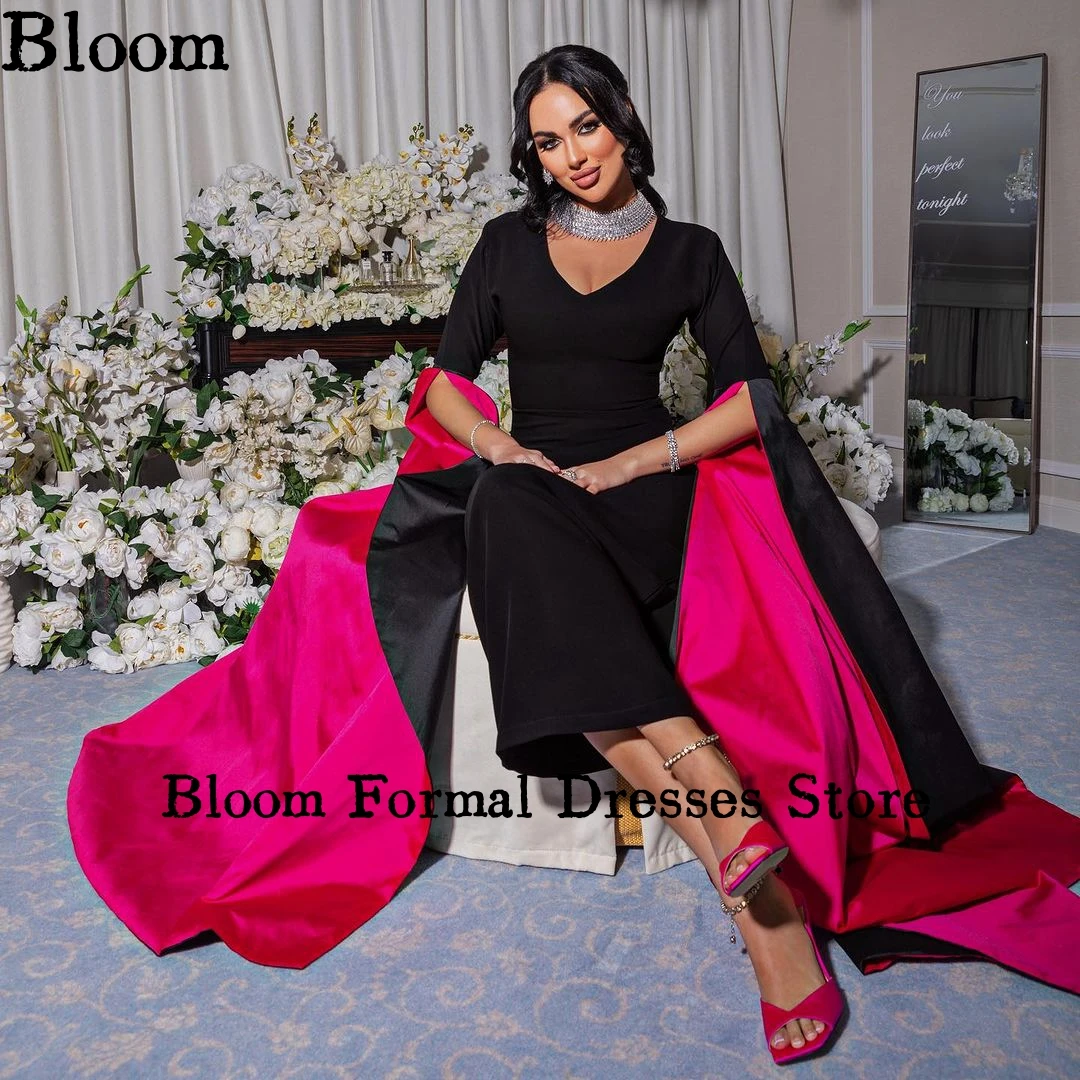 Saudi Arabia V-Neck Prom Dresses Black Sheath Long Split Sleeves Rose Red Gorgeous Formal Evening Dresses wedding Party Dress