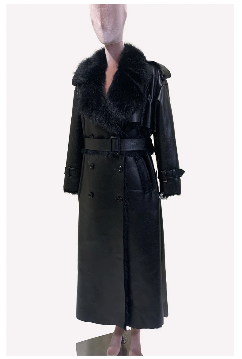 Nerazzurri Winter Long Oversized Thickened Warm Black Fluffy Faux Sheepskin Coat Women Double Breasted Loose Furry Overcoat 2024