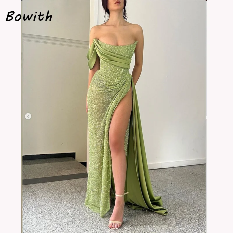 Bowith Long Evening Dress Elegant For Women Prom Split Dresses Wedding Party Formal Occasion Green One Shoulder Gown vestidos