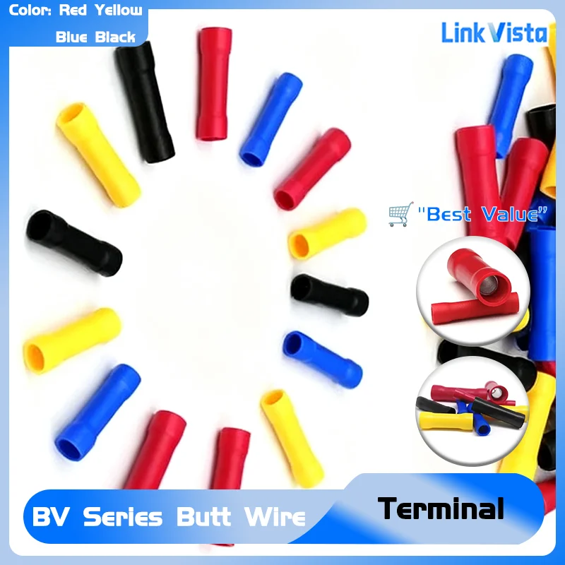 

10-100pcs for BV1.25/BV2/BV3.5/BV5.5/BV8 Wire Cold Press Crimp Terminals Connectors PVC Insulated Butt Connect Terminals