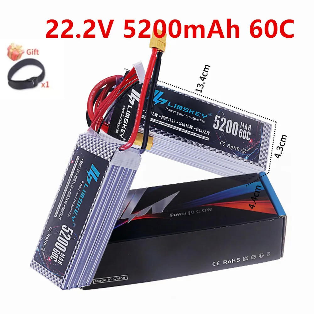 

Аккумулятор LiPo 5200 мАч 22.2В 60C для радиоуправляемых моделей, 22.2В 6S, перезаряжаемый, для радиоуправляемых машин, FPV дронов, вертолетов, с разъемами Deans T и XT60