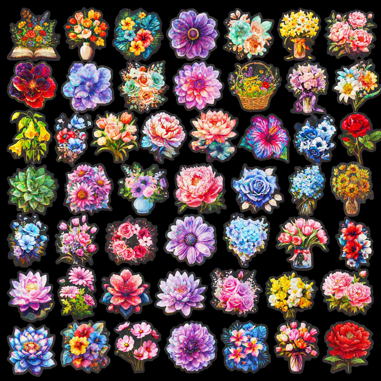 50Pcs Laser Flower Transparent PET Stickers Waterproof Decals for Scrapbooking, Luggage, Notebook & DIY Crafts
