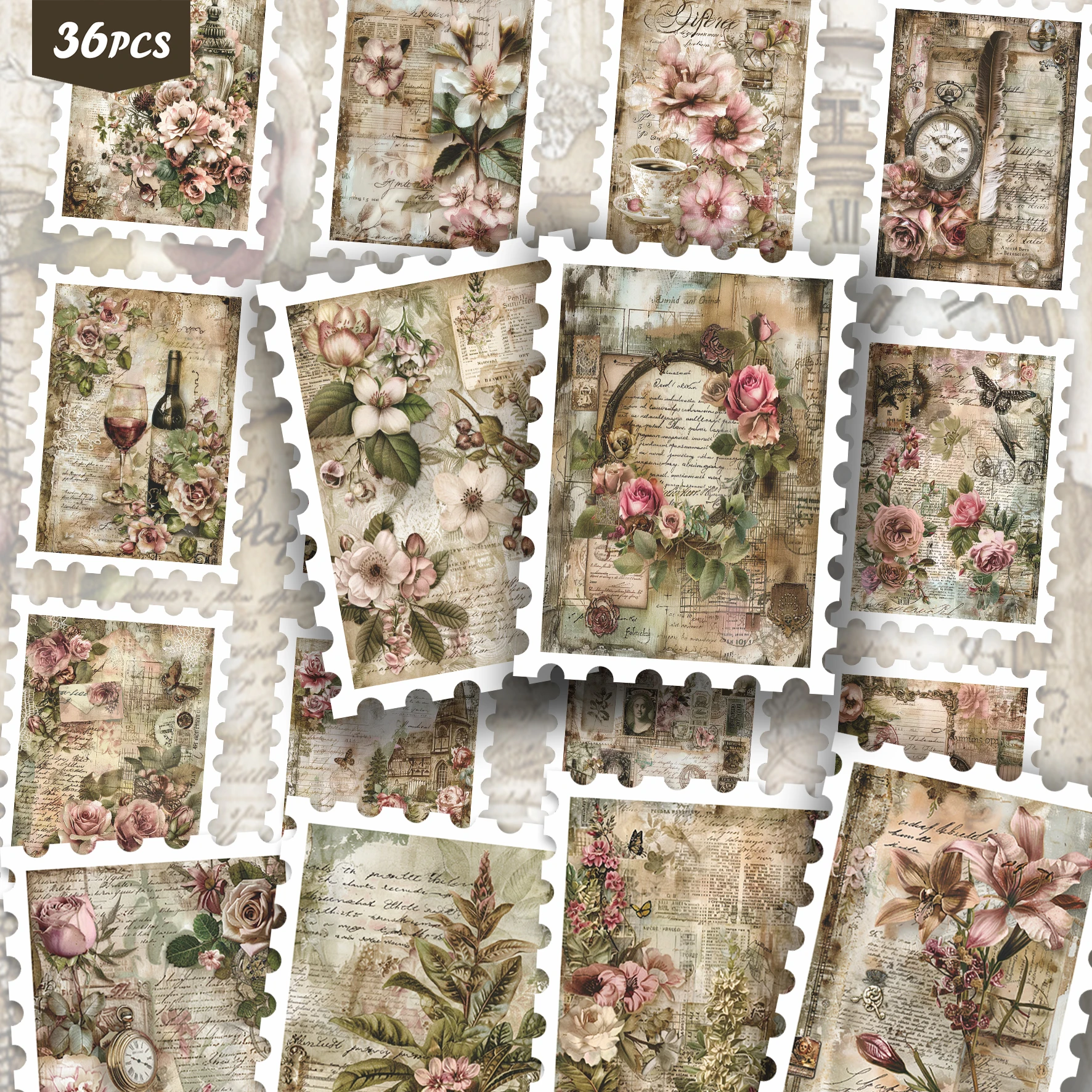 36PCS Retro Botanical Stickers for laptops, Vintage Bloom & Letter Patterns, Ideal for Journaling & Handmade Card Making