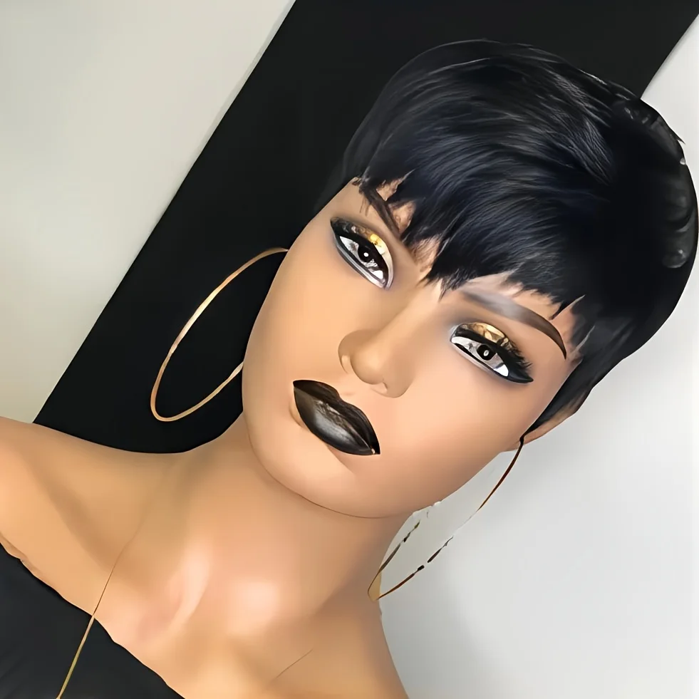 4 # /99J/1B Gekleurde Pixie Cut Rechte Menselijk Haar Pruik voor Vrouwen Volledige Machine Gemaakt Pruik Korte Gelaagde Rechte Pruik met Pony