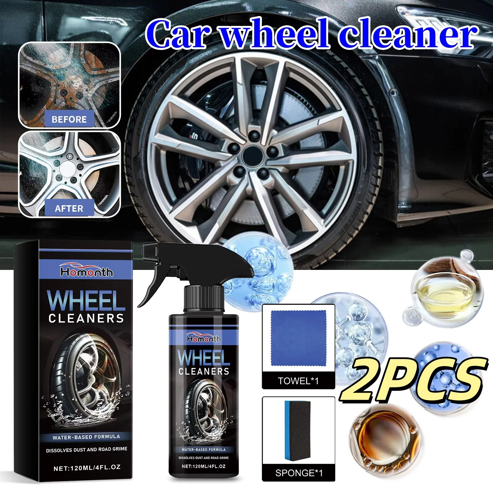 2PCS Car Iron Remover Wheel Cleaning Spray Care Wheel Hub Rust Removal Metal Disc Iron Powder Cleaner Chmical Reaction