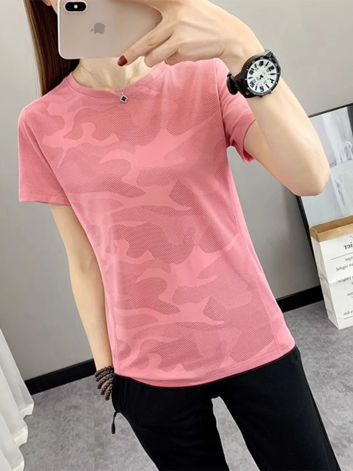 Loose Fit Ice Silk ort Sve T-irt Women's Summer Qui Dry Breathable Running Fitn Sport Top Elastic Casual Tee