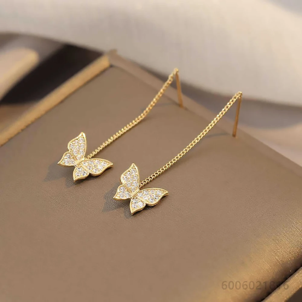 925 Sterling Silver Gold Earrings Zircons Butterfly Long Drop Earrings For Women Jewelry Fashion Trend Party And Daily Wear