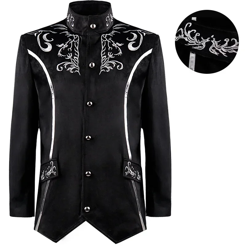 

Мужское аниме, средневековое винтажное черное пальто с воротником-стойкой и вышивкой