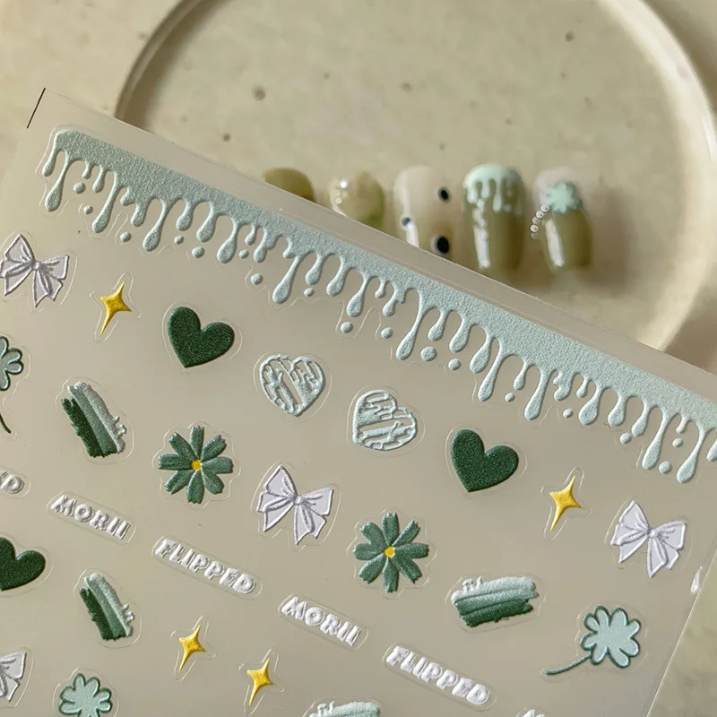 ネイルアート用のエンボス加工された5Dステッカー,装飾的なネイルアート,緑のムード,愛,弓,つや消し,透明,つや消し,高品質