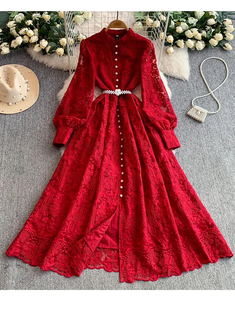 

Spring Autumn French Retro Lace Stand Up Collar Dress Women's New Elegant Birthday Party Pearl Buckle Waist Swing Dress S238
