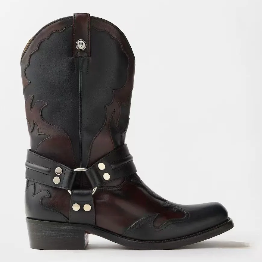 New Autumn/Winter Women's Color Block Cowboy Boots Embroidery Metal Harness Square Toe Block Heel Vintage Western Mid-Calf Boots