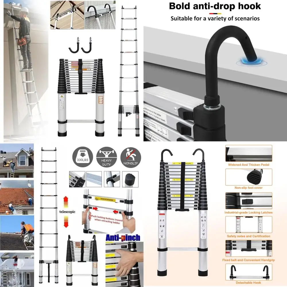Portable 20-Foot Aluminum Extension Ladder with Non-Slip Feet, 330-Pound Capacity, EN131 Compliance, Suitable for Home and Indus