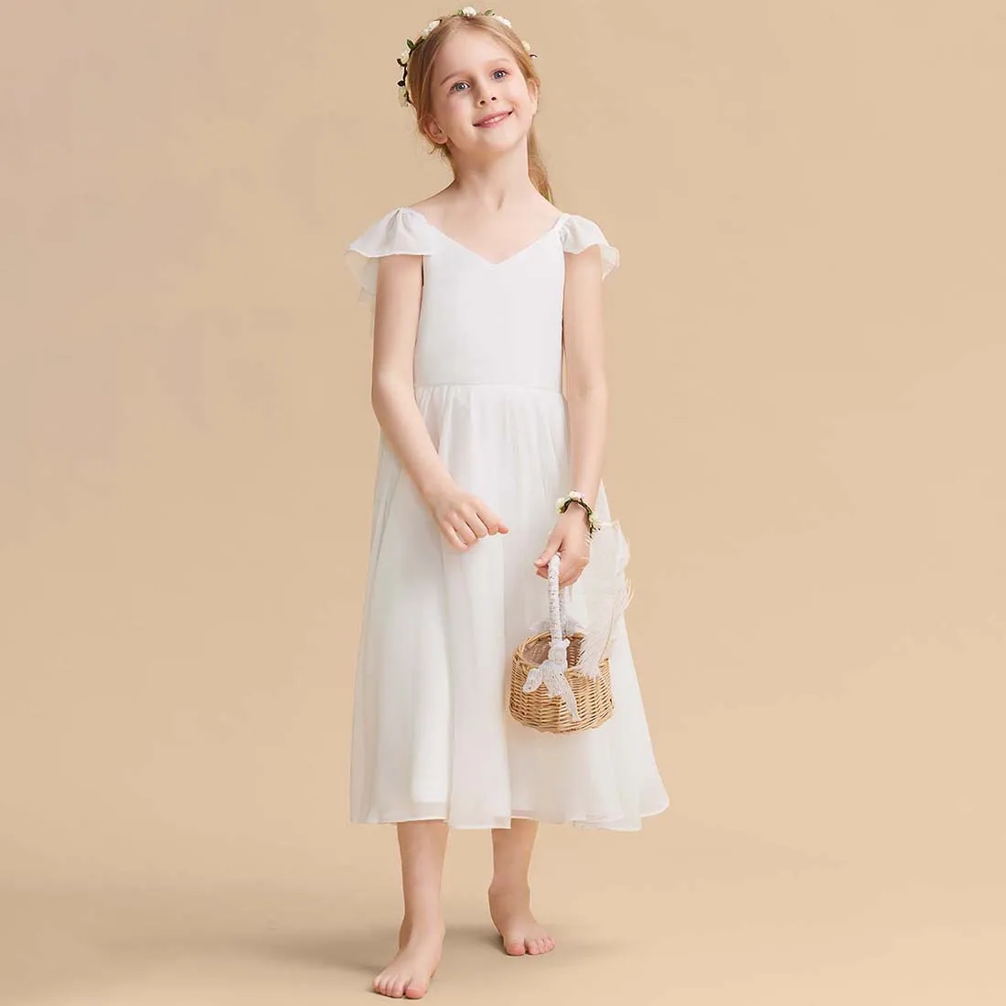 YZYmanualroom 2023 Flower Girl Vestido A linha V-Neck Chá de comprimento Chiffon/cetim branco 4-15T