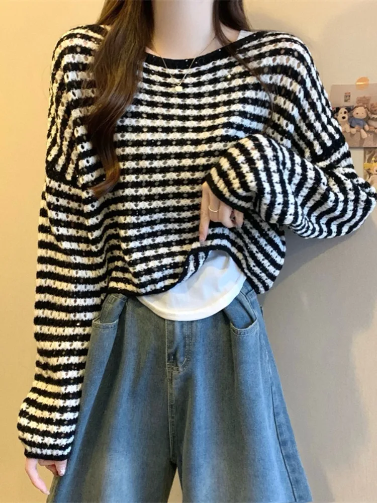 

Вязаный свитер в полоску в стиле ретро, женский осенне-зимний новый вязаный свитер на бретелях с внутренней стороны, мягкий уютный свитер, комплект из двух предметов