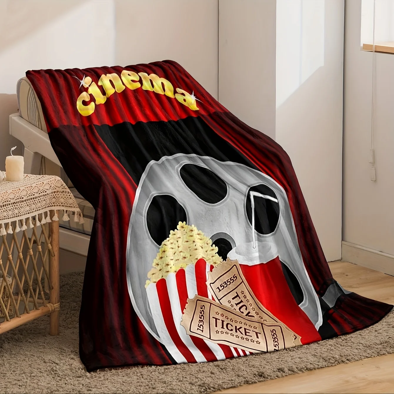 1pc Digital Print Movie Theater Popcorn Pattern Flannel Blanket, Soft and Comfortable, Machine Washable, Suitable
