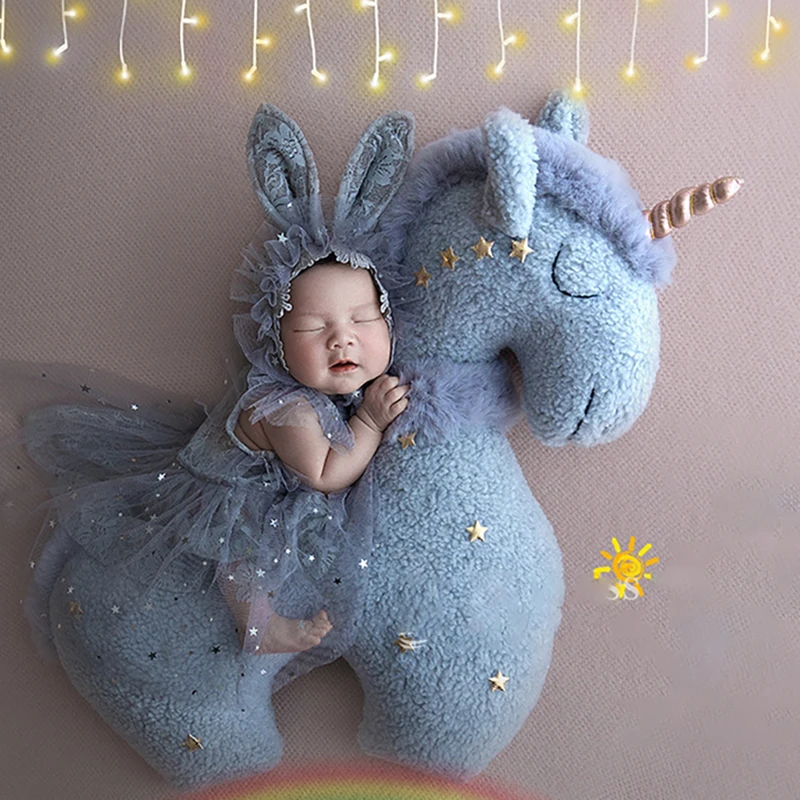 Neugeborene Fotografie Requisiten Einhorn Pony Puppe posiert Kissen Cuute Tier Baby Shooting Spielzeug Regenbogen Pferd Studio Foto zubehör