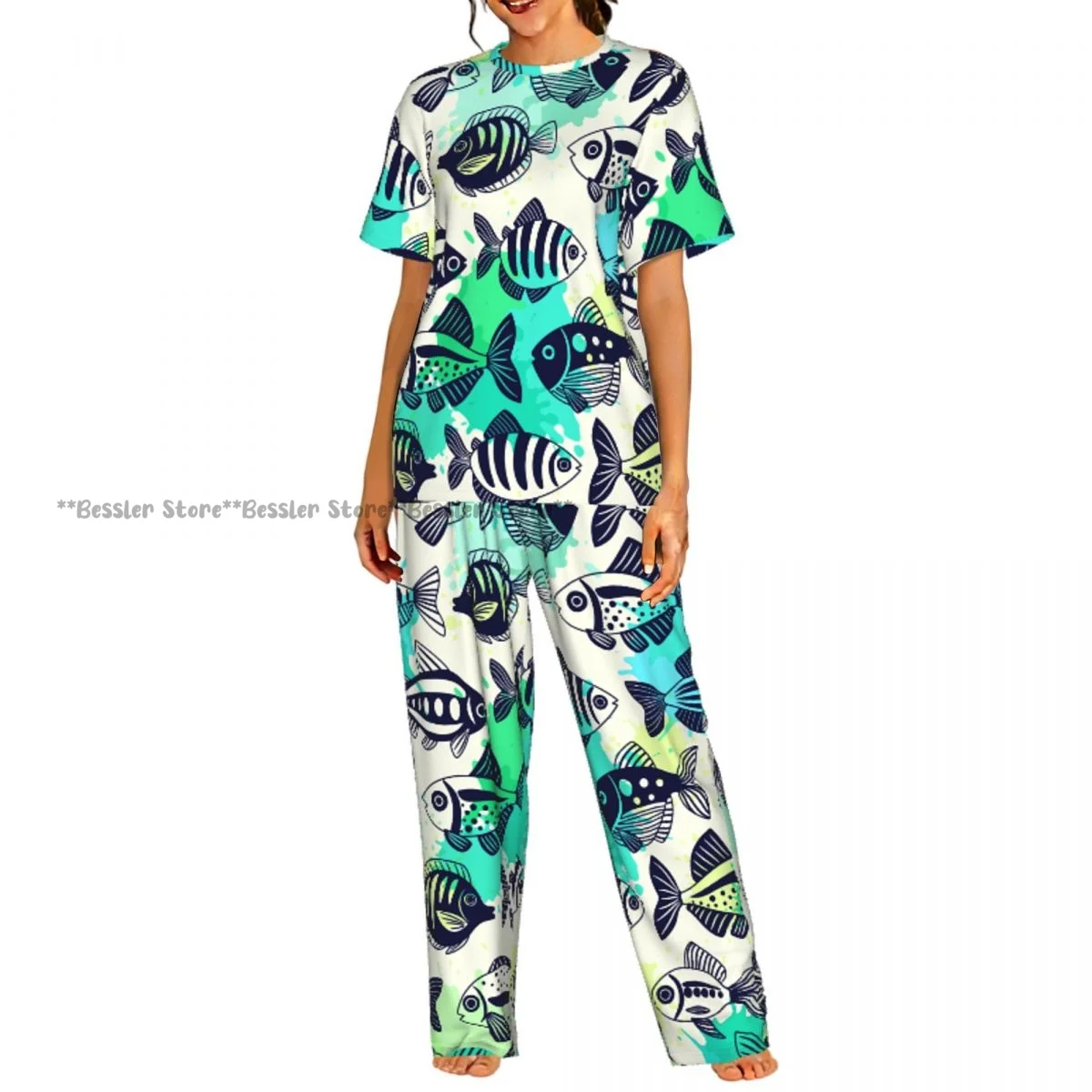 

Women Pajama Sets Lounge Sleepwear Cartoon Fish Sea Animals Beautiful Pattern Short Sleeve Nightwear