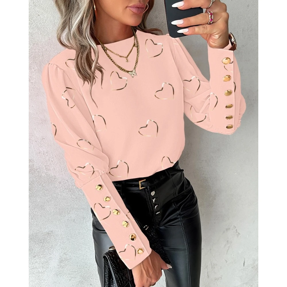 2024 Spring Heart Print Buttoned Decor Blouse Gigot Sleeve Casual Top for Women Fashion Femme Round Neck T Shirts Streetwear