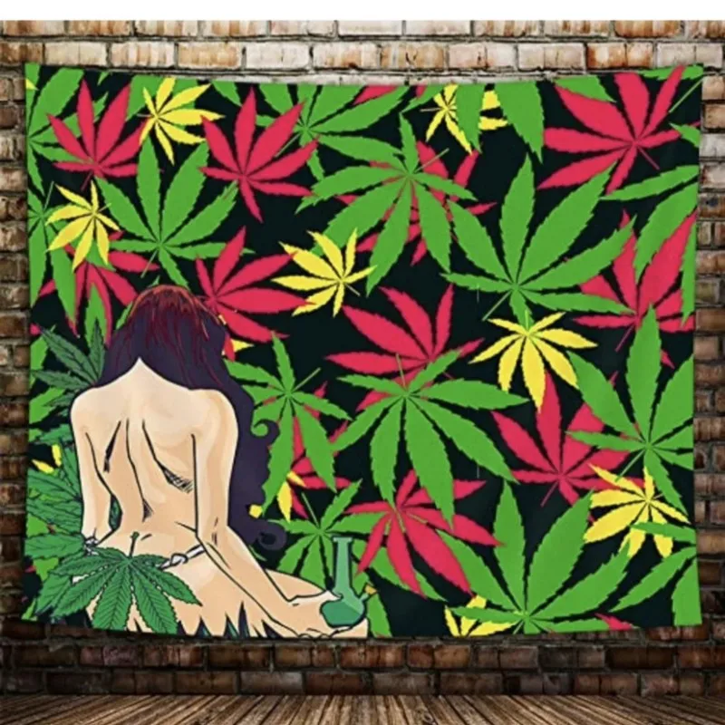 VIKAMA Cannabis Leaf Woman Back Wall Tapestry Green Red Yellow Marijuana Plant Bong Weed Smoke Psychedelic 420 Decor Lightweight