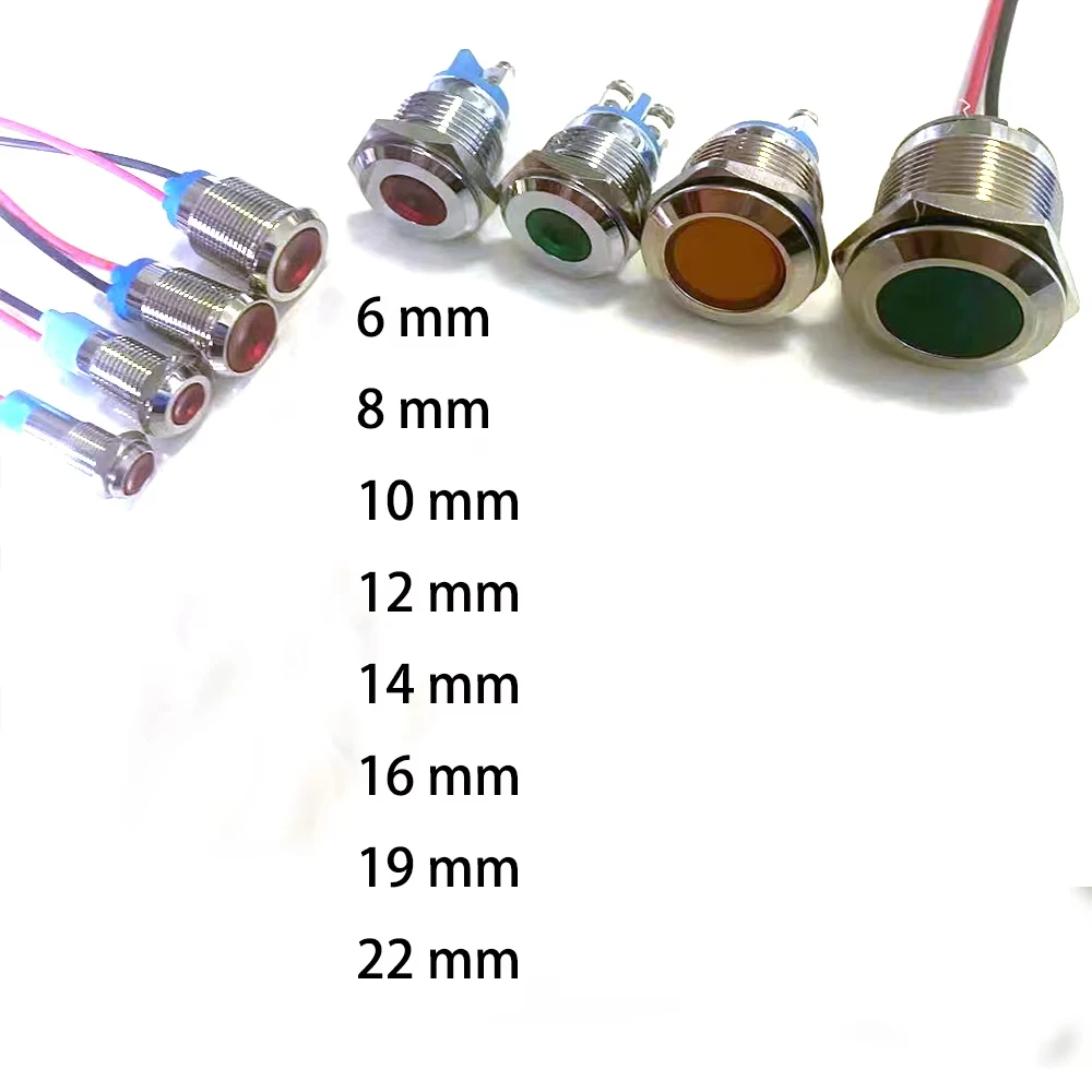 

6mm 8mm 10mm 12mm 16mm Metal LED Warning indicator light Waterproof IP67 Signal Lamp Pilot Wires switch 3V 5V 12V 220V Red Blue