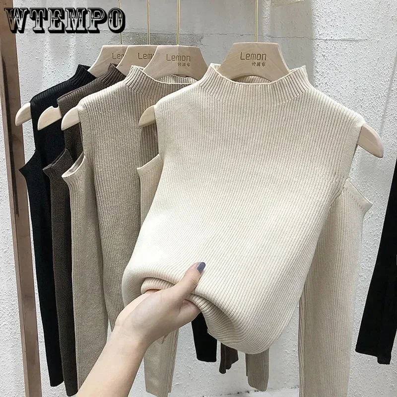 Off Shoulder Sweater Half High Neck Slim Knit Pullover Solid Color Women Long Sleeve Short Top Casual Harajuku Commuting Fall