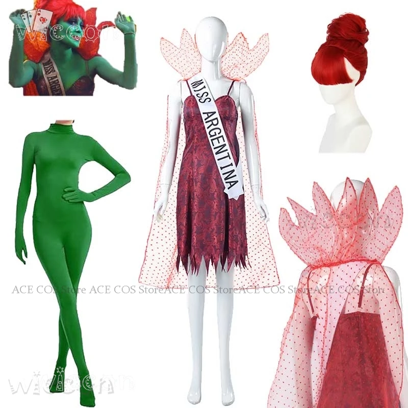 Rote Portugiesisch Miss Argentinien tot Rezeption Cosplay Kostüm Kleid Umhang Perücke Frauen sexy Cosplay Halloween Party Anzug 2024 Film