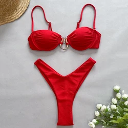 Bikini rojo con Push-Up para mujer, bañador Sexy con aros arrugados, traje de baño de corte alto, conjunto de Bikini con anillo de Metal 2024