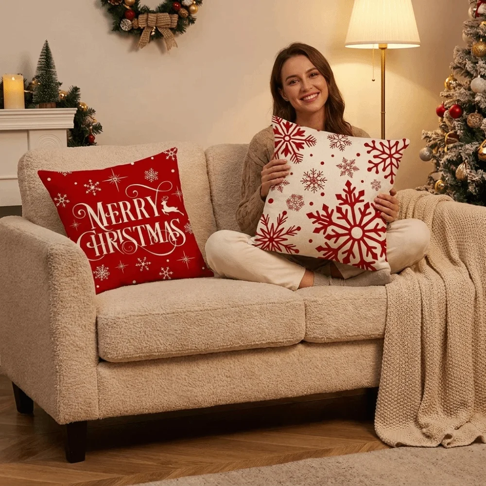 Square Christmas Pillow Cover Soft Snowflake/Elk Christmas Tree Cushion Cover Comfortable Without Pillow Core Throw Pillowcase